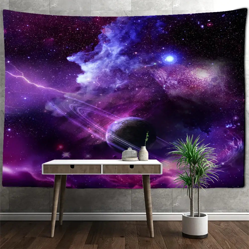 Vibrant purple and blue cosmic decorbites astronaut moon tapestry with rings lightning and stars for living room wall hanging
