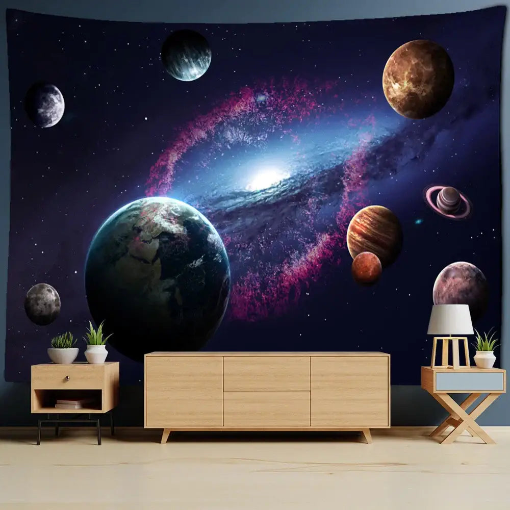 Astronaut moon tapestry wall hanging featuring vibrant cosmic galaxy with planets and stars in deep blues and purples for decorbites astronaut moon decor