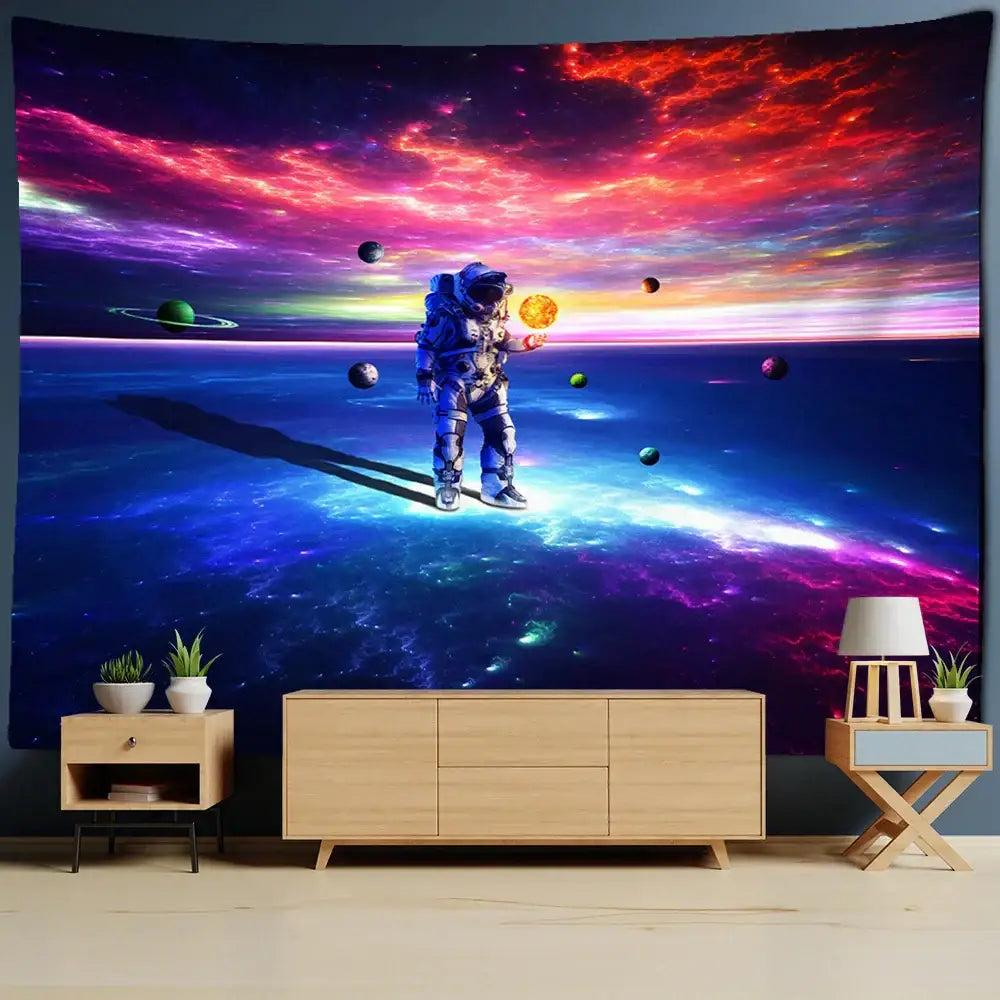 Vibrant decorbites astronaut moon tapestry wall hanging featuring an astronaut holding a glowing sun with colorful nebulae background