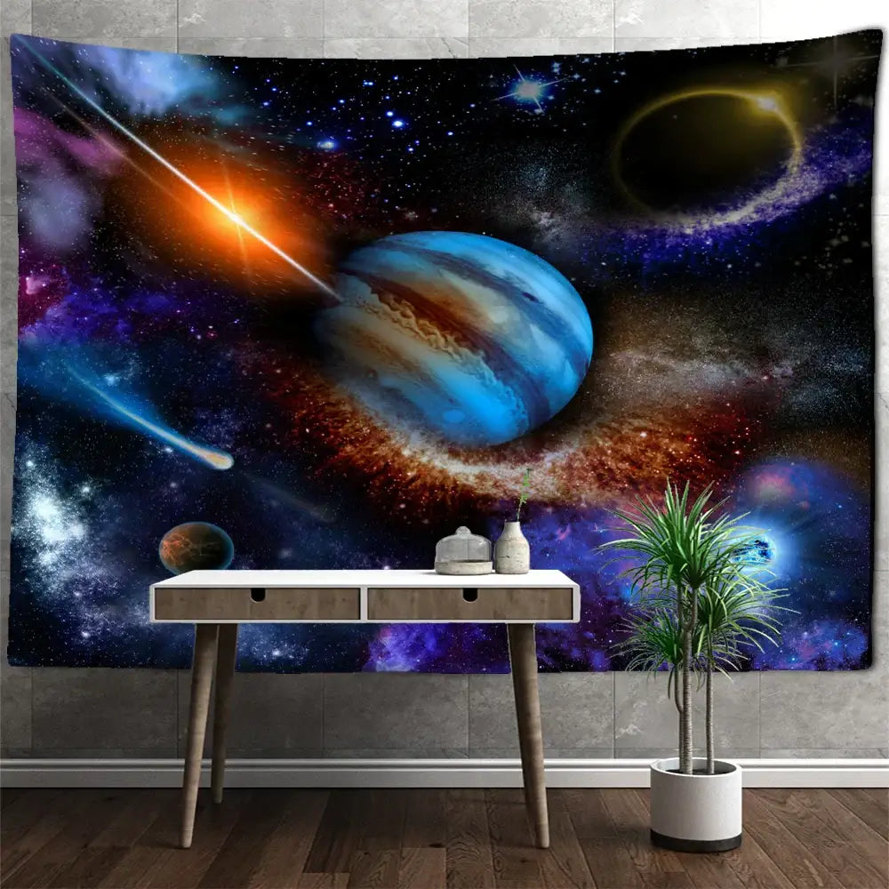 Vibrant astronout moon tapestry wall hanging featuring jupiter and swirling nebulae in rich blues and purples for decorbites decor