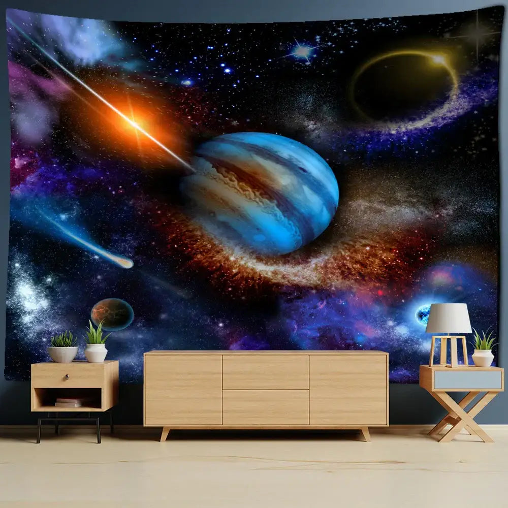 Vibrant decorbites astronaut moon tapestry wall hanging featuring jupiter and cosmic nebulae in blue purple and orange tones