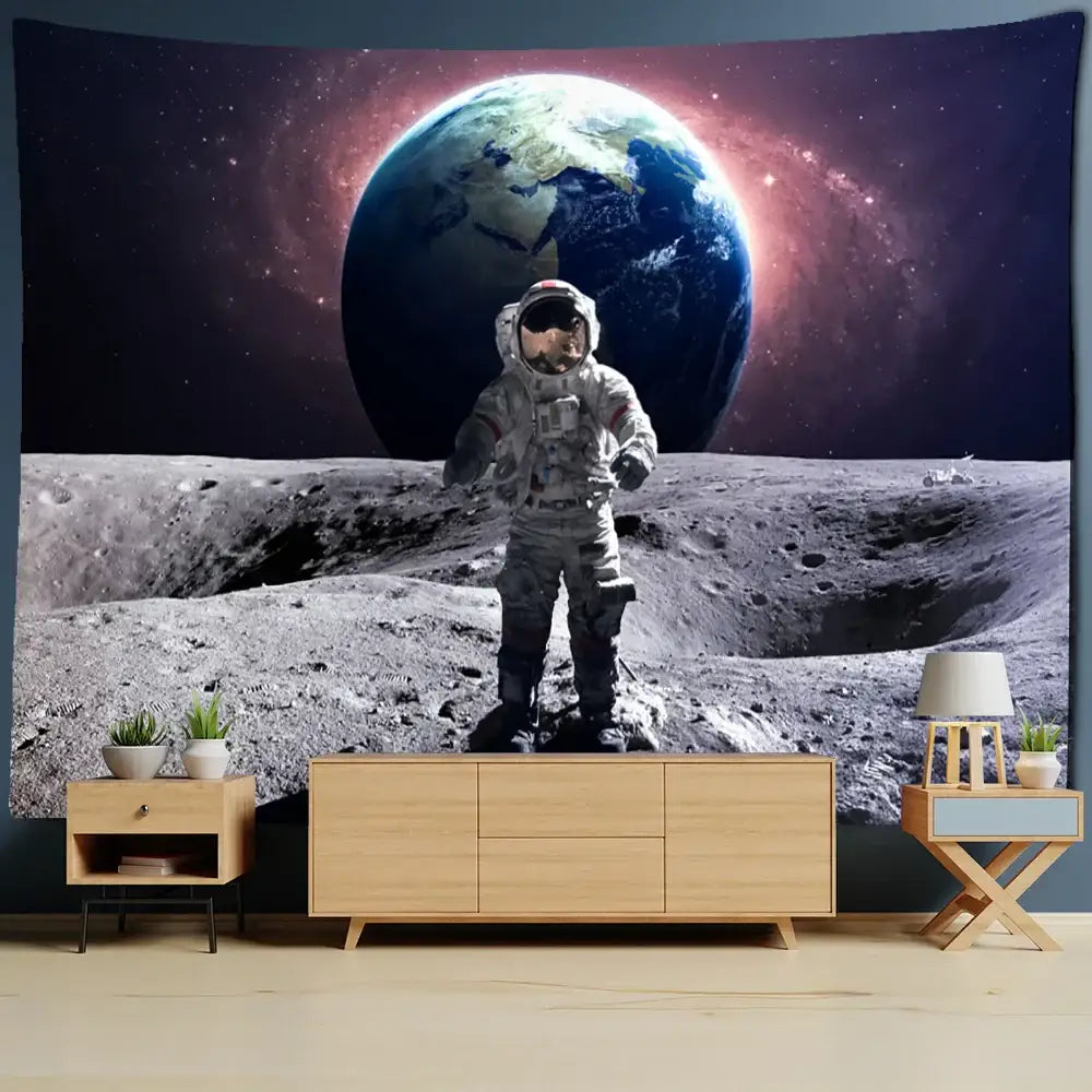 Decorbites astronaut moon tapestry wall hanging featuring an astronaut in white suit on moon with earth backdrop for living room decor