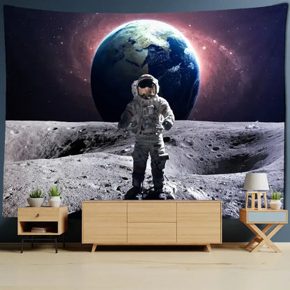 Decorbites astronaut moon tapestry wall hanging featuring an astronaut in white suit on moon with earth backdrop for living room decor