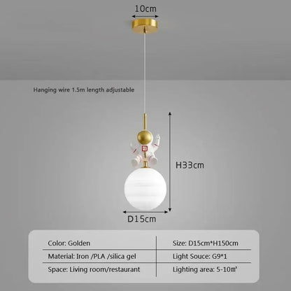 Gold-colored astronaut moon led pendant light with white spherical glass shade and metallic iron body for bedroom
