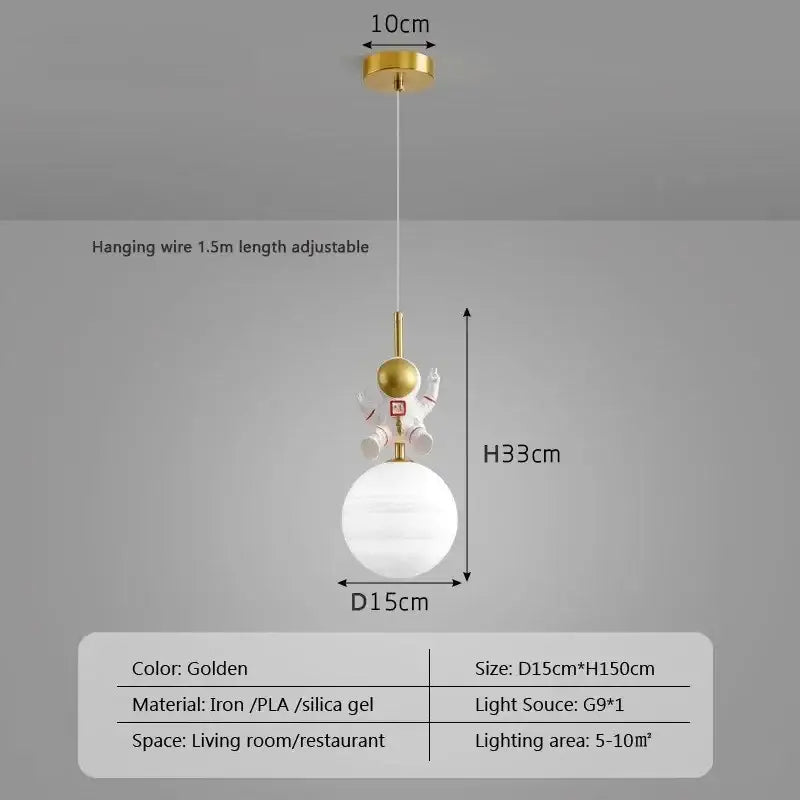 Gold-colored astronaut moon led pendant light with white spherical glass shade and metallic iron body for bedroom
