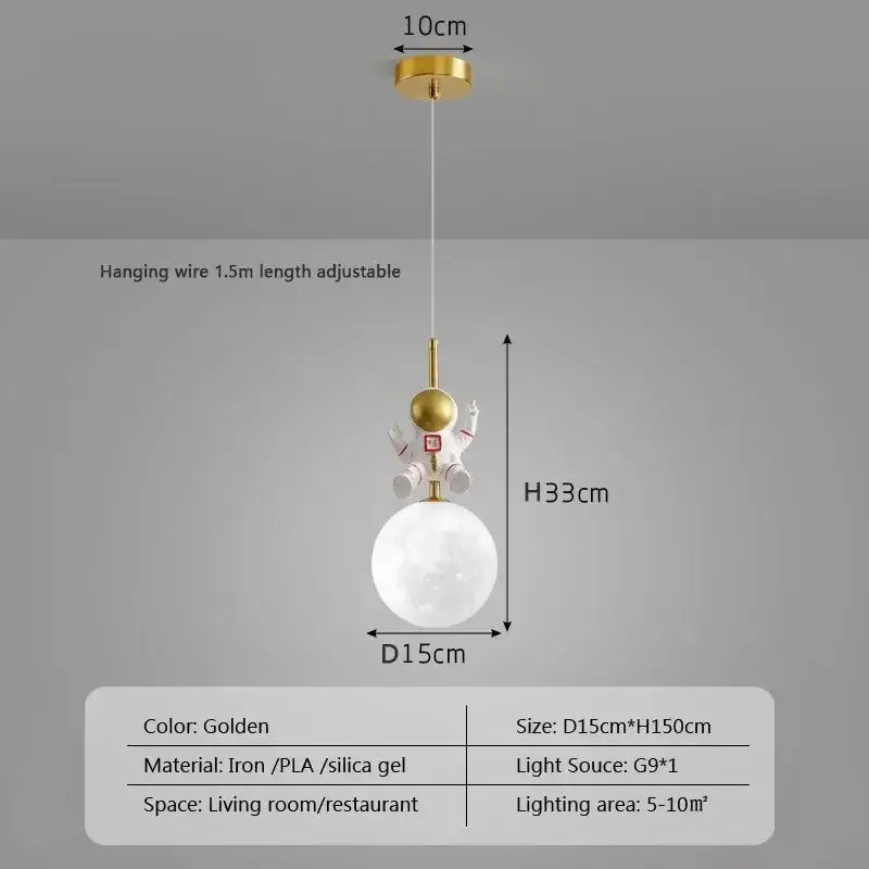 Golden astronaut moon white and gold led pendant light with spherical lampshade made of iron pla and silica gel