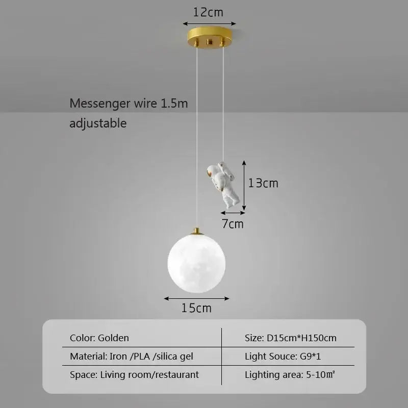 Golden astronaut moon led pendant light with white glass globe and iron figure suspended by messenger wire for bedroom