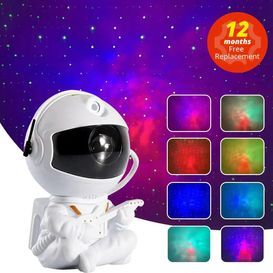 White and gold astronaut night light galaxy star projector projecting colorful decorbites galaxy star patterns