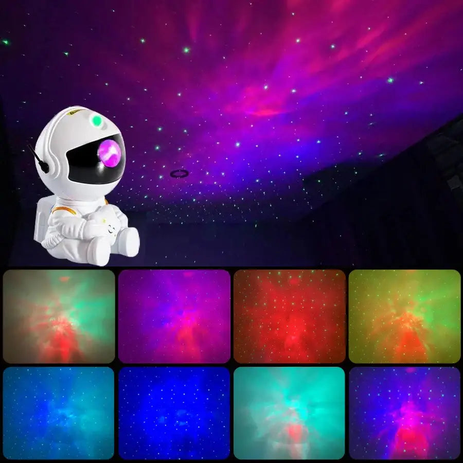 White astronaut-shaped night light with smiling face projecting colorful starry sky decorbites galaxy star patterns