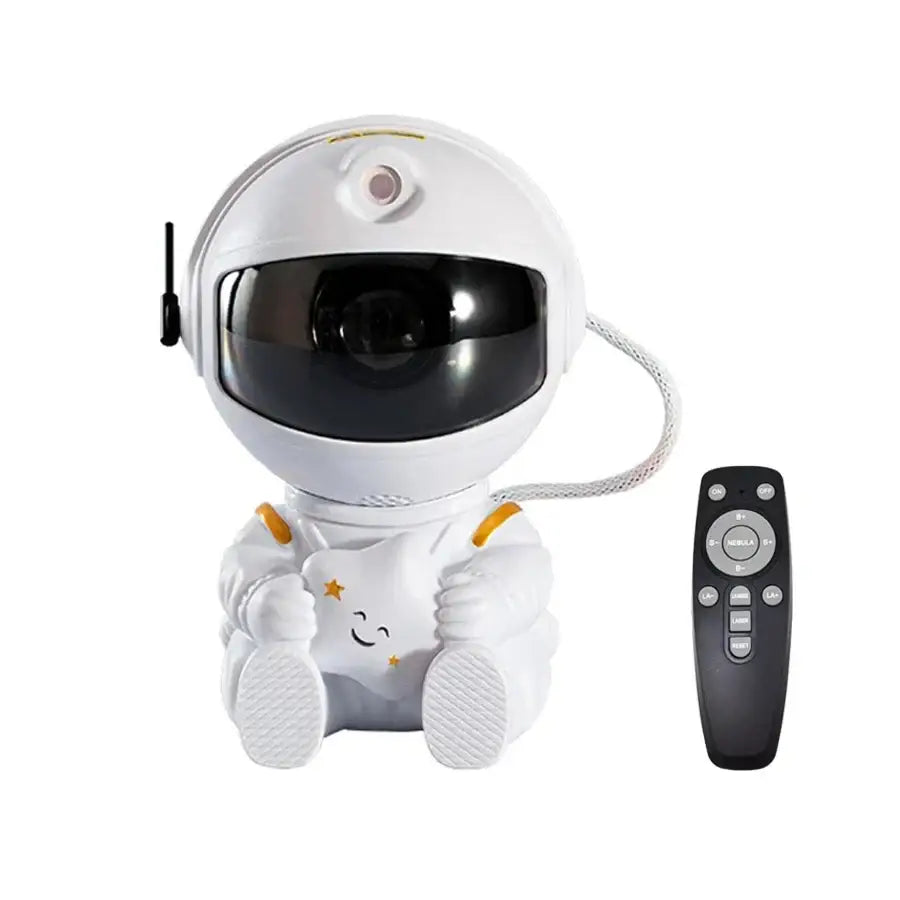 White astronaut-themed smart camera night light with black visor and yellow accents for decorbites galaxy star projector use