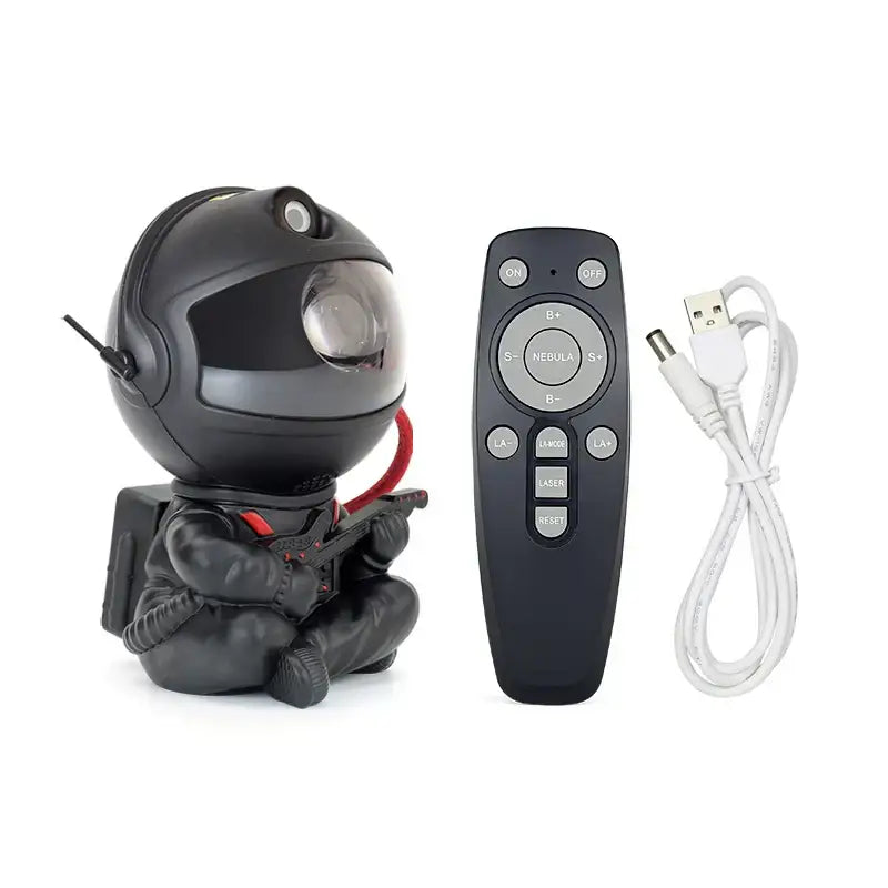 Black astronaut-themed galaxy star night light projector with red accents, remote control, and usb cable for decorbites galaxy star
