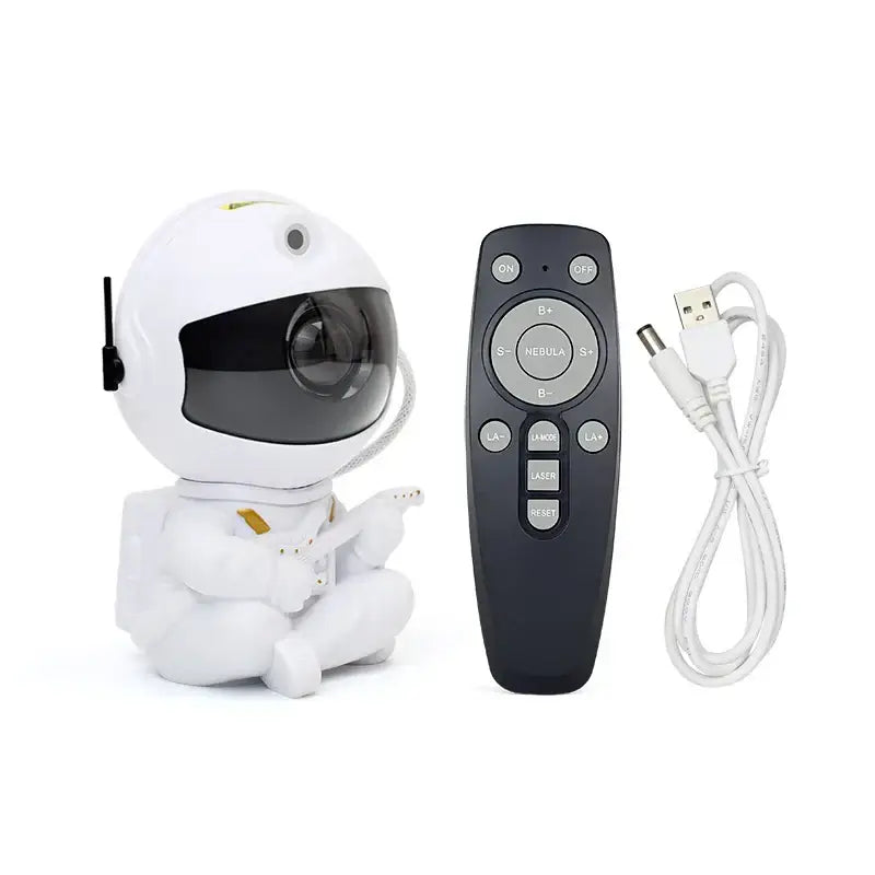 White astronaut-shaped security camera night light with black visor and gold accents for decorbites galaxy star bedroom projector