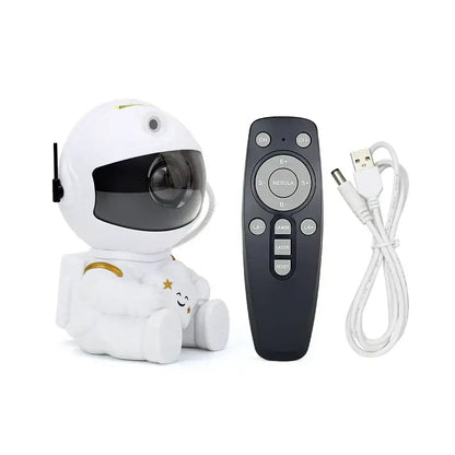 White astronaut-themed security camera with gold accents and smiling face for decorbites galaxy star night light projector