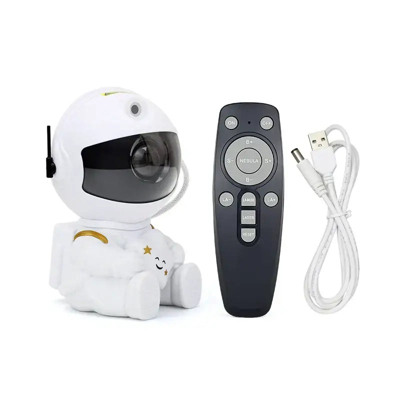 White astronaut-themed security camera with gold accents and smiling face for decorbites galaxy star night light projector