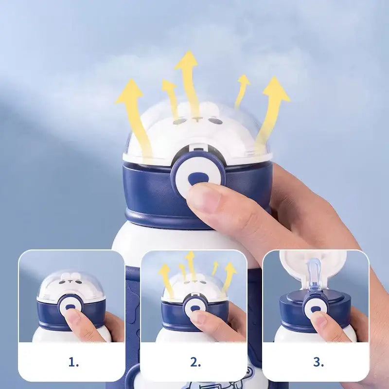 Astronaut white and navy blue stainless steel thermos bottle with cartoon straw and insulated rounded lid for kids room