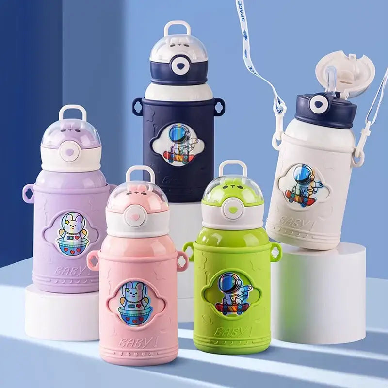 Pastel-colored stainless steel thermos bottle with cartoon straw astronaut and bunny designs white lids carrying straps baby branding