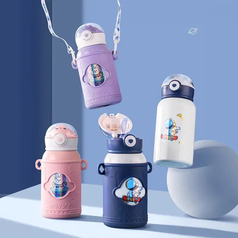 Purple and pink stainless steel thermos bottles for kids with cartoon straw design, soft silicone grips, and detachable straps