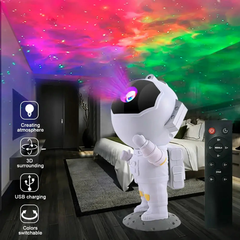 White astronaut shaped led galaxy star projector night light with black visor and yellow accents for bedroom decorbites galaxy star