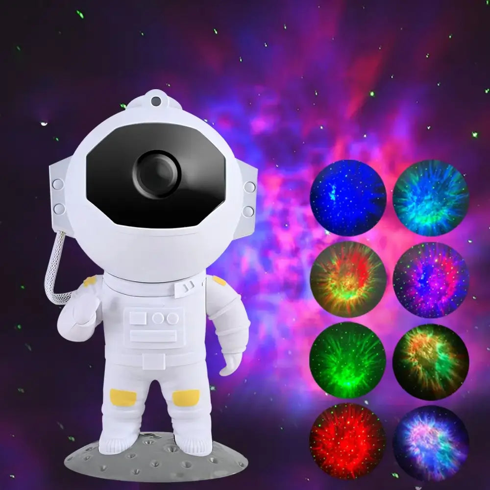 Astronaut white and yellow galaxy star projector night light with black lens casting colorful cosmic patterns for decorbites galaxy star decor