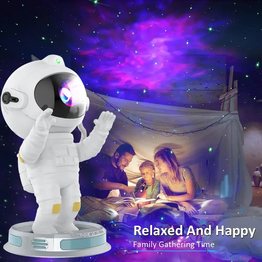 White astronaut-shaped galaxy star projector night light with glowing visor and yellow accents for decorbites bedroom