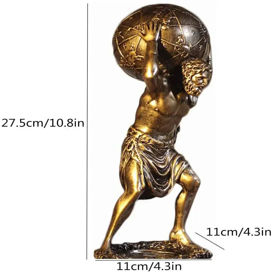 Bronze-colored decorbites atlas resin statue of muscular greek titan carrying a detailed celestial globe for living room decor