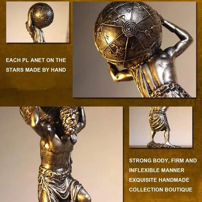Bronze-colored atlas resin statue by decorbites featuring intricate celestial globe details for living room decor