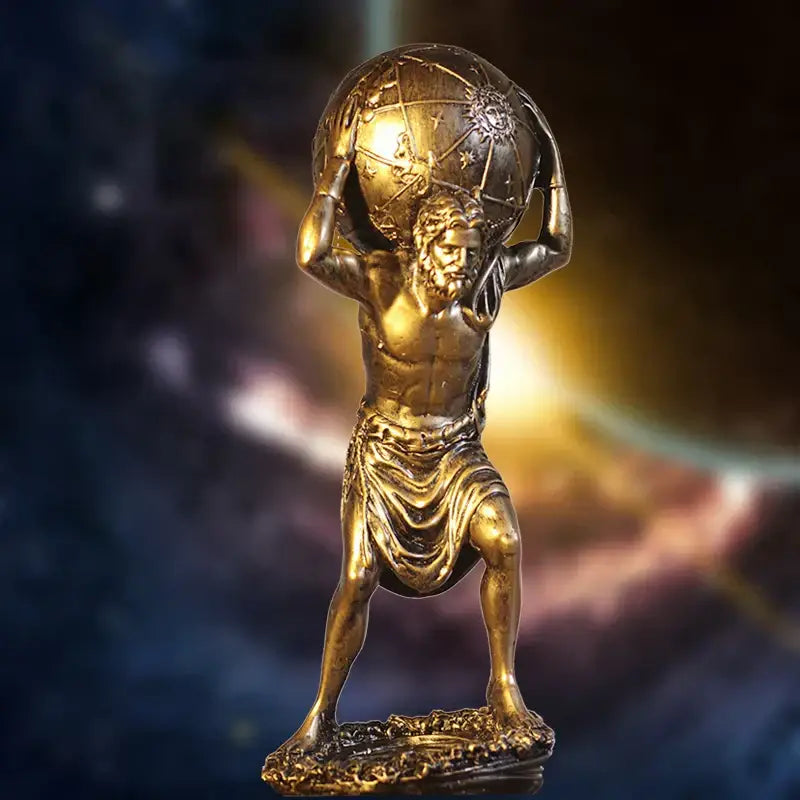 Golden bronze decorbites atlas resin statue of greek titan atlas bearing a detailed celestial globe for living room decor