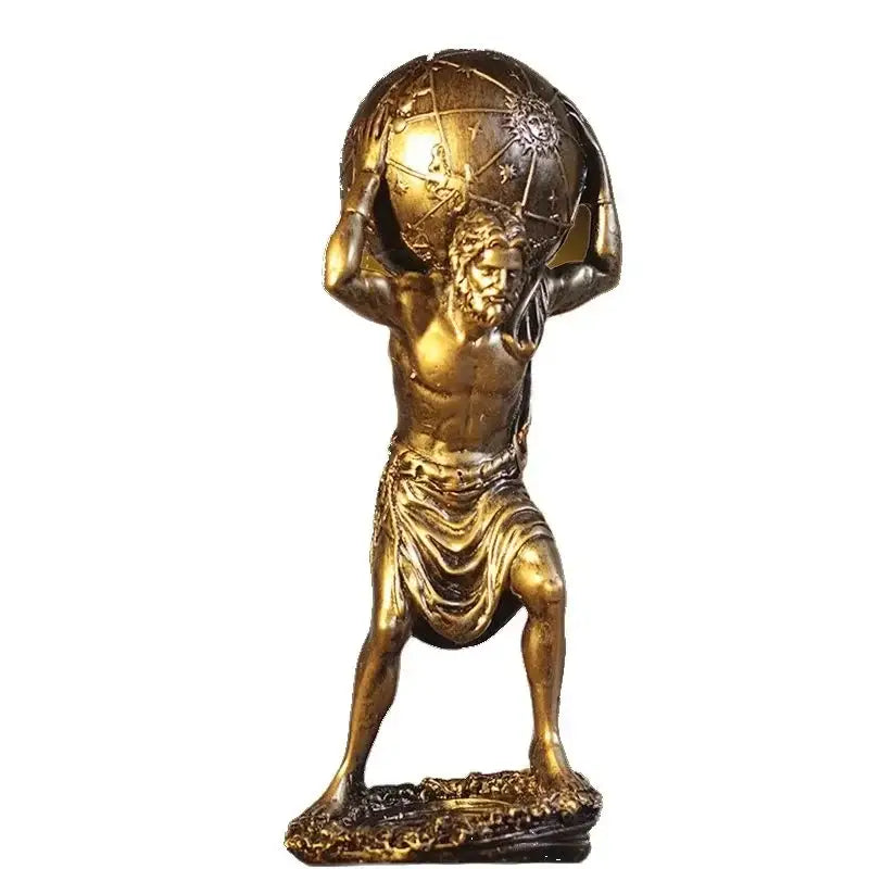 Golden bronze decorbites atlas resin statue of greek titan bearing a detailed celestial globe for living room decor