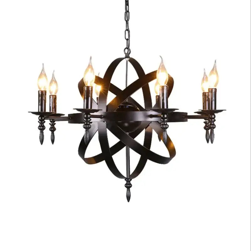 Dark bronze decorbites iron pendant light with atomic model design and six candle-style bulbs for living room decor