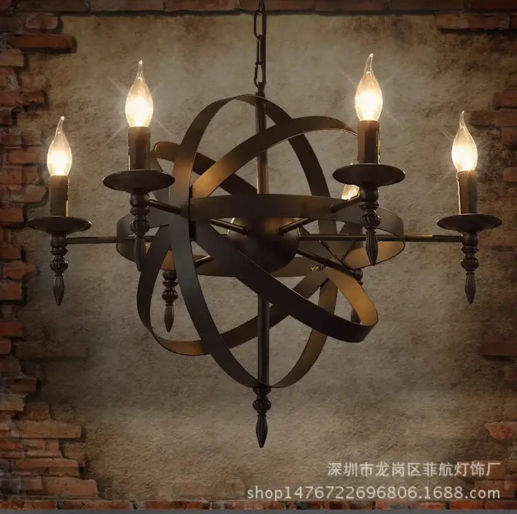 Dark bronze decorbites iron pendant light with intricate spherical design and five candle-style bulbs for living room decor