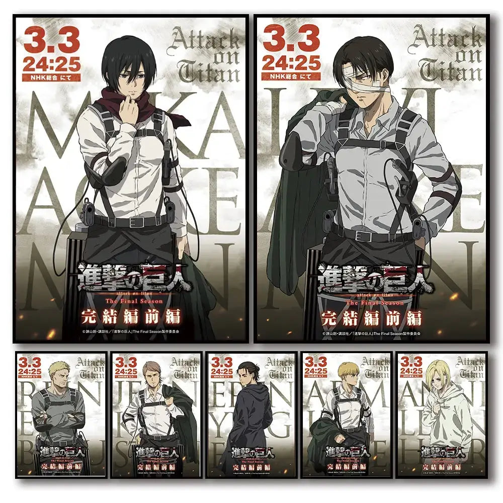 DecorBites™ Attack on Titan final season anime canvas art with characters in military uniforms and detailed gear