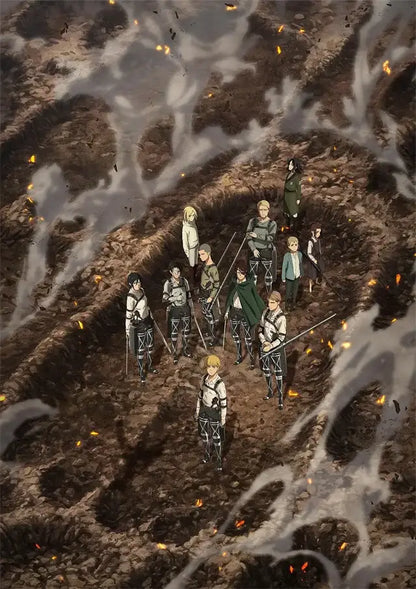 Decorbites™ attack on titan final season anime poster featuring characters in military uniforms on fiery battlefield