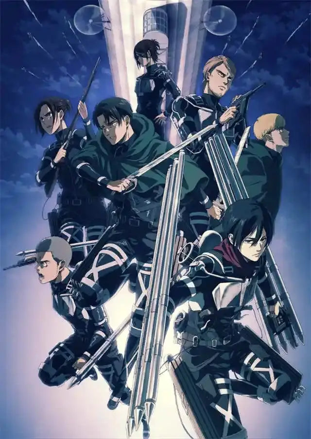 A group of animated characters in dark armored uniforms with white crosses on legs and arms in decorbites final season poster