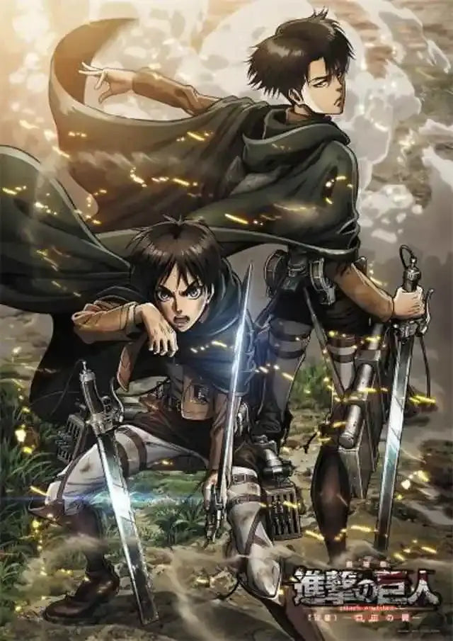 Anime poster for kids room featuring two characters in dark green cloaks with swords from attack on titan final season
