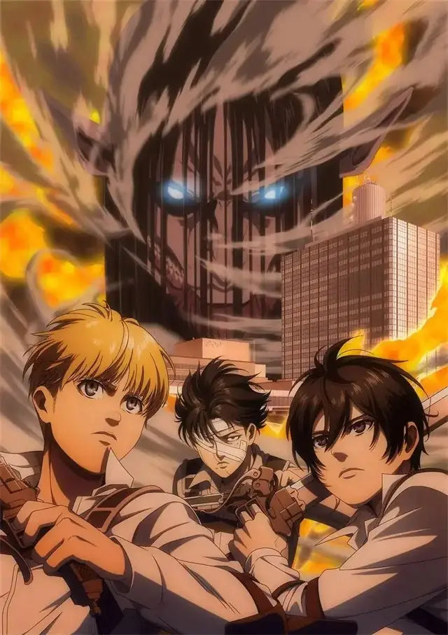 Decorbites™ attack on titan final season poster featuring a towering titan with glowing blue eyes over a burning city for kids room