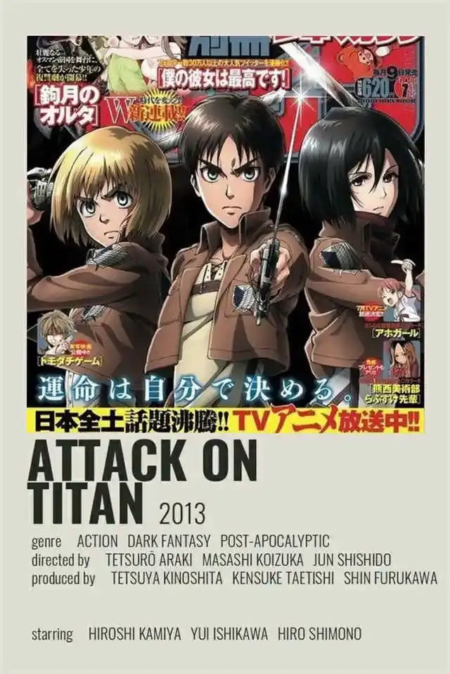 Cover of decorbites™ attack on titan final season poster showing three characters in brown military jackets on dark background