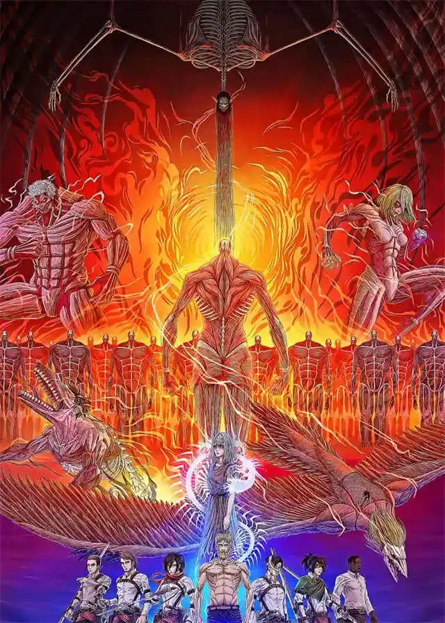A dramatic decorbites™ attack on titan final season poster for kids room featuring a muscular titan and fiery creatures