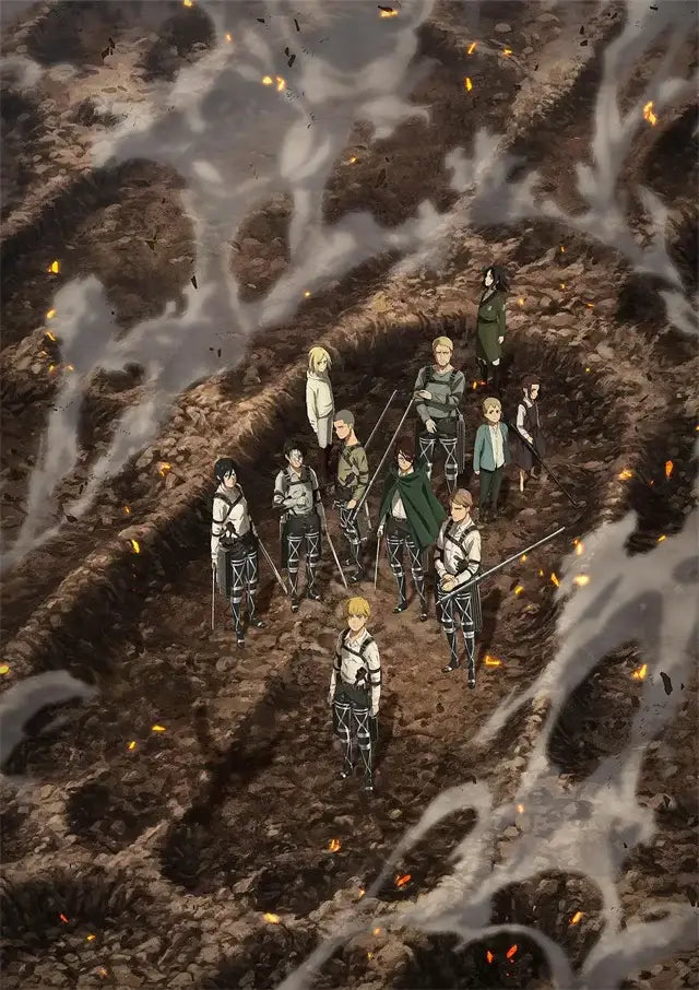 A DecorBites™ Attack on Titan Final Season poster featuring animated characters in military uniforms on a fiery battlefield for kids room