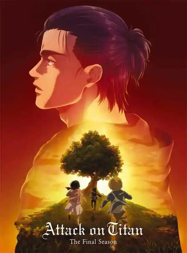 Stylized anime poster for decorbites™ attack on titan final season featuring silhouetted male titan against fiery sky