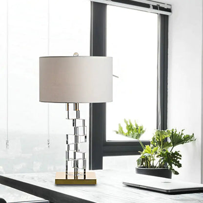 Aubrey - White Fabric Table Lamp with Clear Glass Block Deco