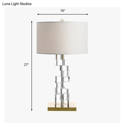 Aubrey - White Fabric Table Lamp with Clear Glass Block Deco