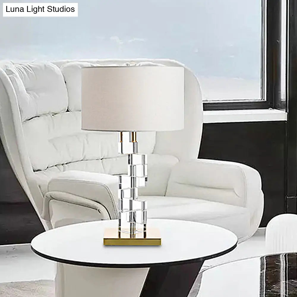 Aubrey - White Fabric Table Lamp with Clear Glass Block Deco