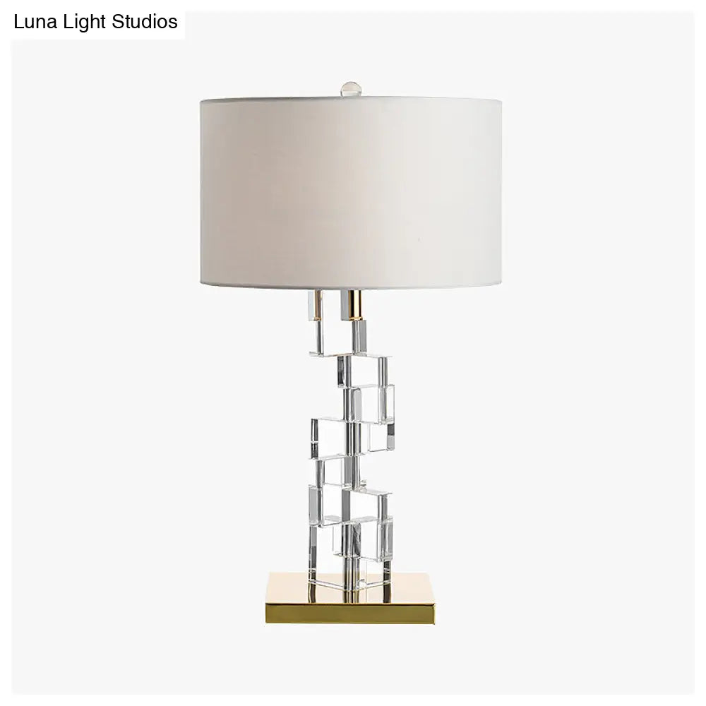 Aubrey - White Fabric Table Lamp with Clear Glass Block Deco