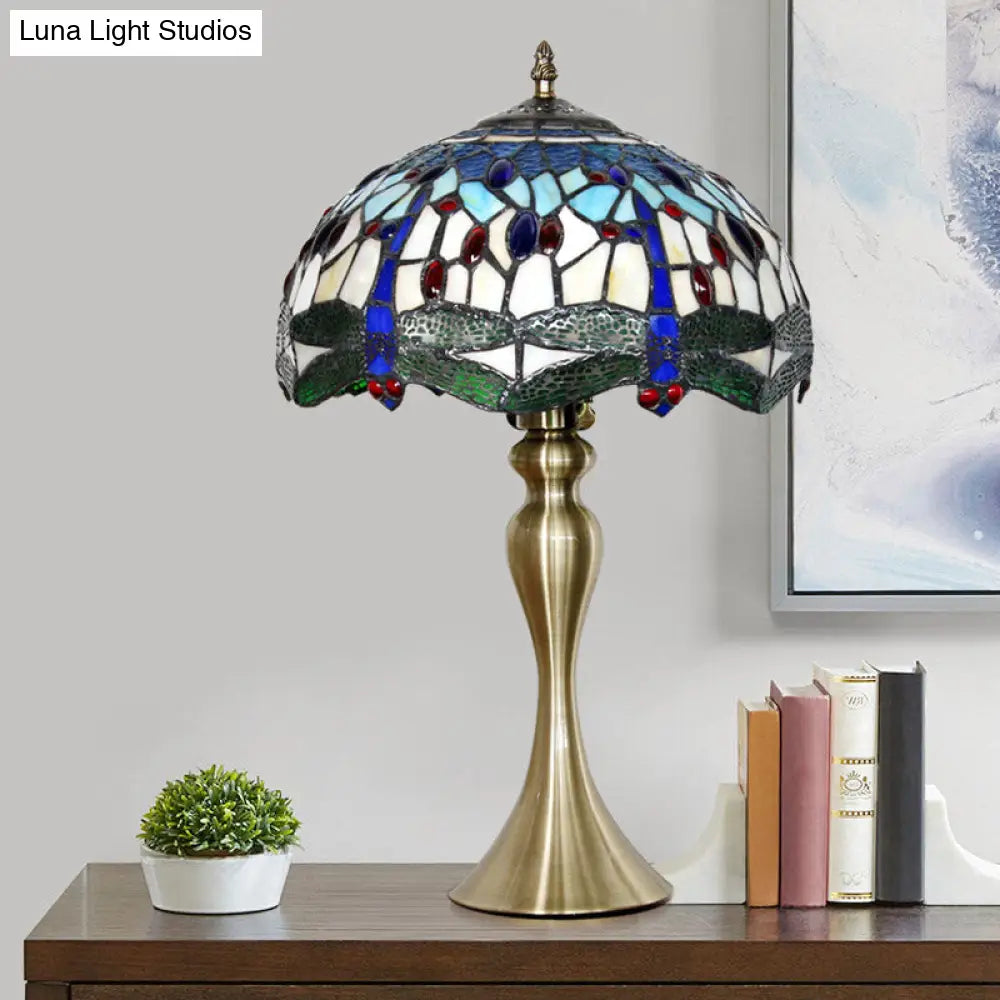 أوريلي - مصباح طاولة جانبي من الزجاج بتصميم اليعسوب الأخضر تيفاني باللون الذهبي