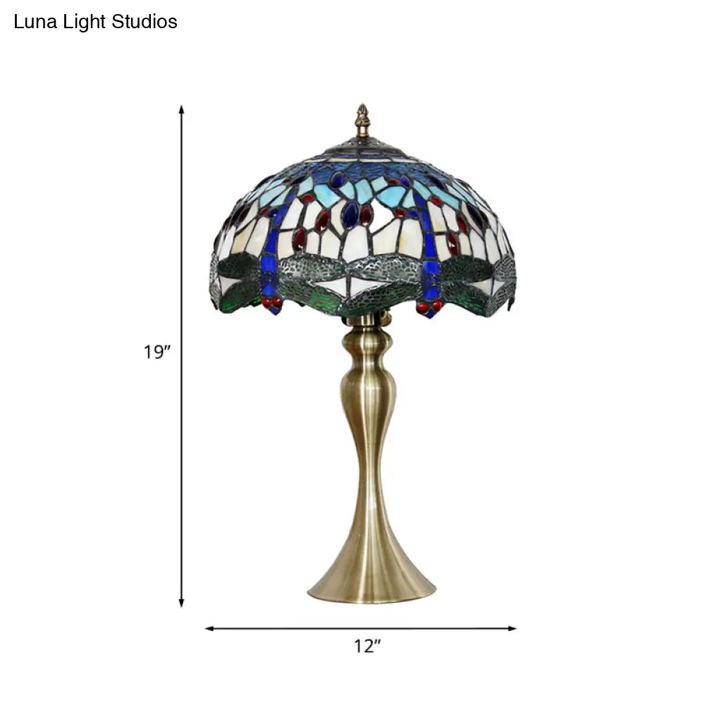 أوريلي - مصباح طاولة جانبي من الزجاج بتصميم اليعسوب الأخضر تيفاني باللون الذهبي