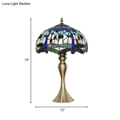 أوريلي - مصباح طاولة جانبي من الزجاج بتصميم اليعسوب الأخضر تيفاني باللون الذهبي