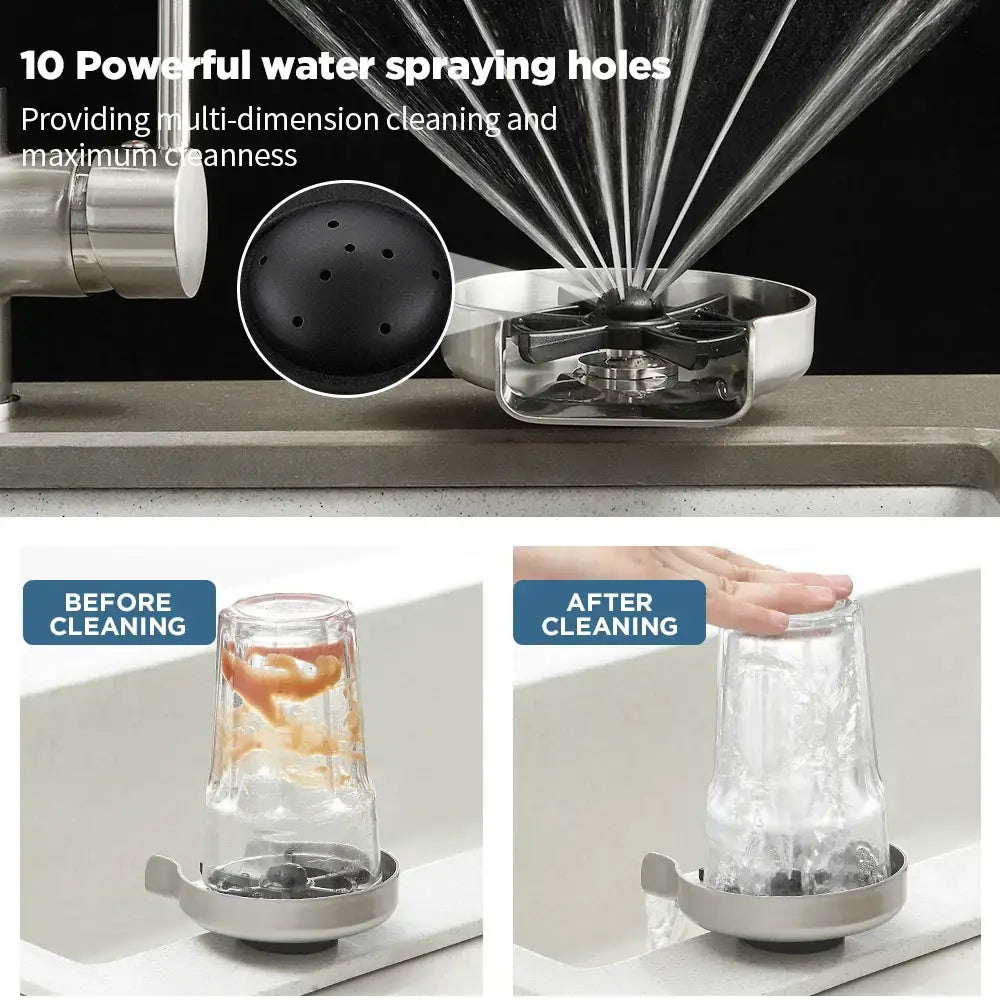 Automatic black plastic glass rinser with stainless steel multi-nozzle and 10 spray holes for home bar cleaning