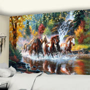 Vibrant autumn nature galloping horse tapestry wall hanging with rich fall foliage and cascading waterfall decorbites galloping horse