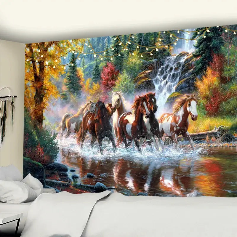 Vibrant autumn nature galloping horse tapestry wall hanging with rich fall foliage and cascading waterfall decorbites galloping horse