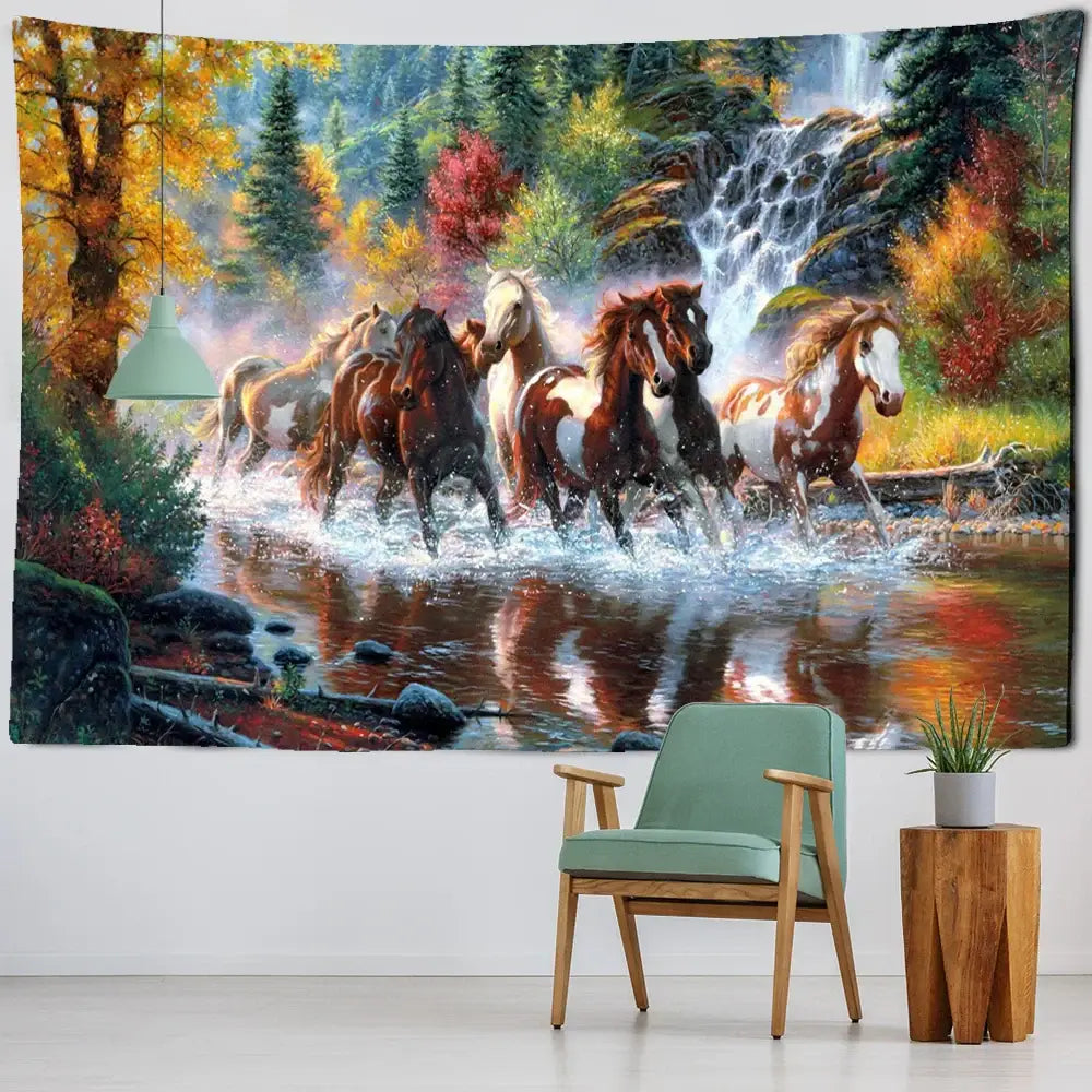 Vibrant autumn nature galloping horse tapestry wall hanging with colorful foliage and waterfall decorbites galloping horse